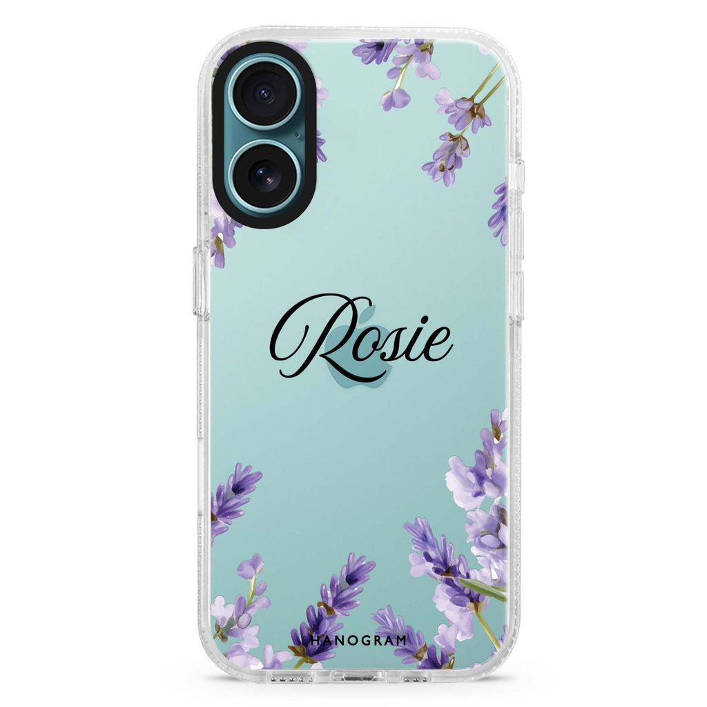 Lavender Corners custom name iPhone 16 and 16 Plus ultra clear case, transparent floral artwork, front product view