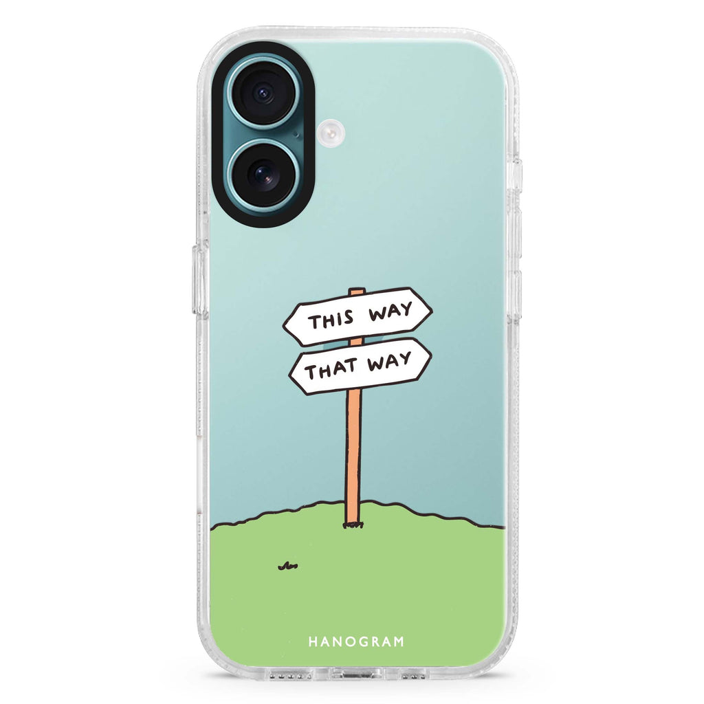 Which Way Now iPhone 16 and 16 Plus ultra clear case, transparent graphic artwork, front product view