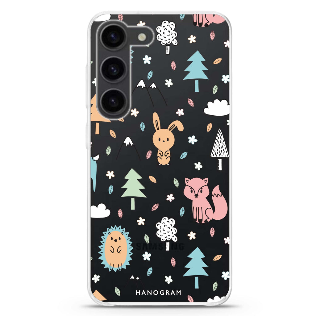 Whimsy Wildlife ultra-clear case for Samsung Galaxy S23/S22, front view