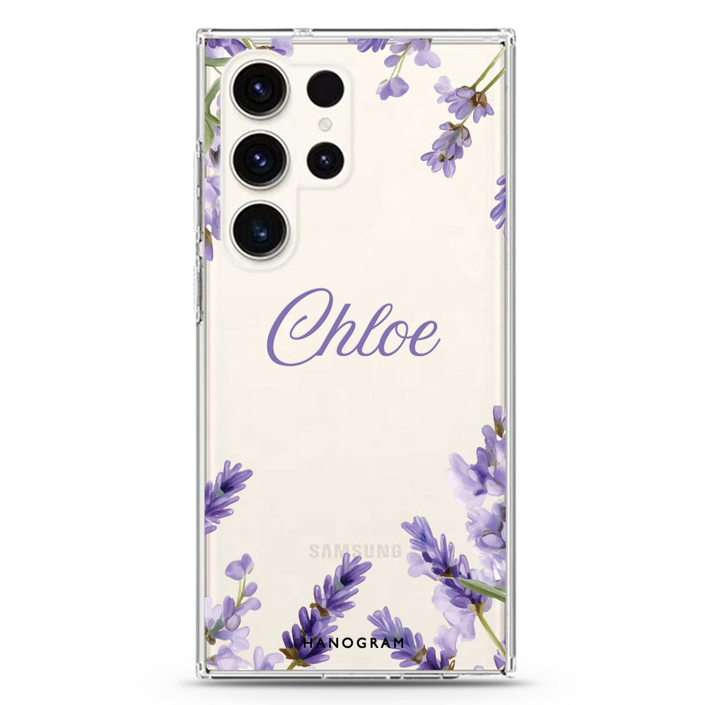 Lavender Corners personalized name Samsung Galaxy S26/S25/S24/S23/S22 Ultra ultra clear case, transparent design, main view
