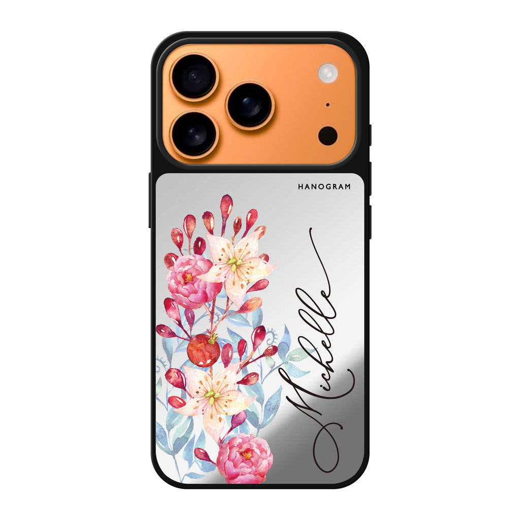 Pink Watercolor Floral Bouquet personalized name pink spring flower floral iPhone 17 Pro Max mirror case