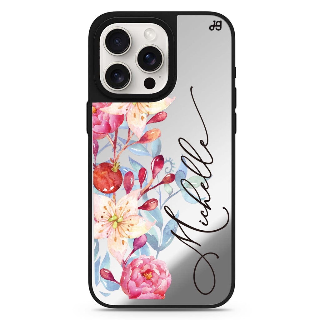 Pink Watercolor Floral Bouquet personalized name MagSafe mirror case for iPhone 16/15/14 Pro Max and Pro, main view