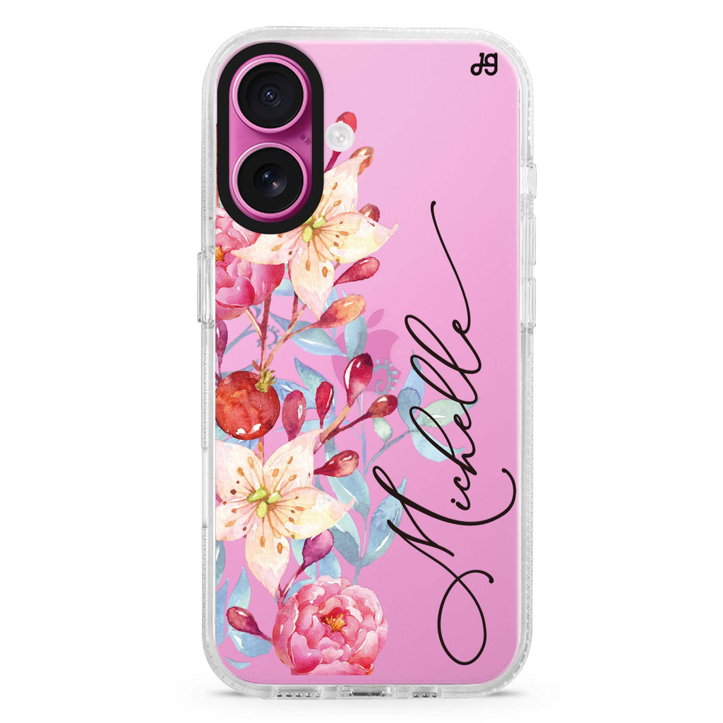 Pink Watercolor Floral Bouquet custom name iPhone 16 and 16 Plus ultra clear case, transparent floral artwork, front product view