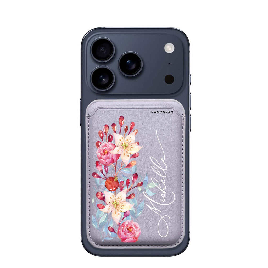 Pink Watercolor Floral Bouquet custom name MagSafe wallet for iPhone, personalized magnetic card holder, main view