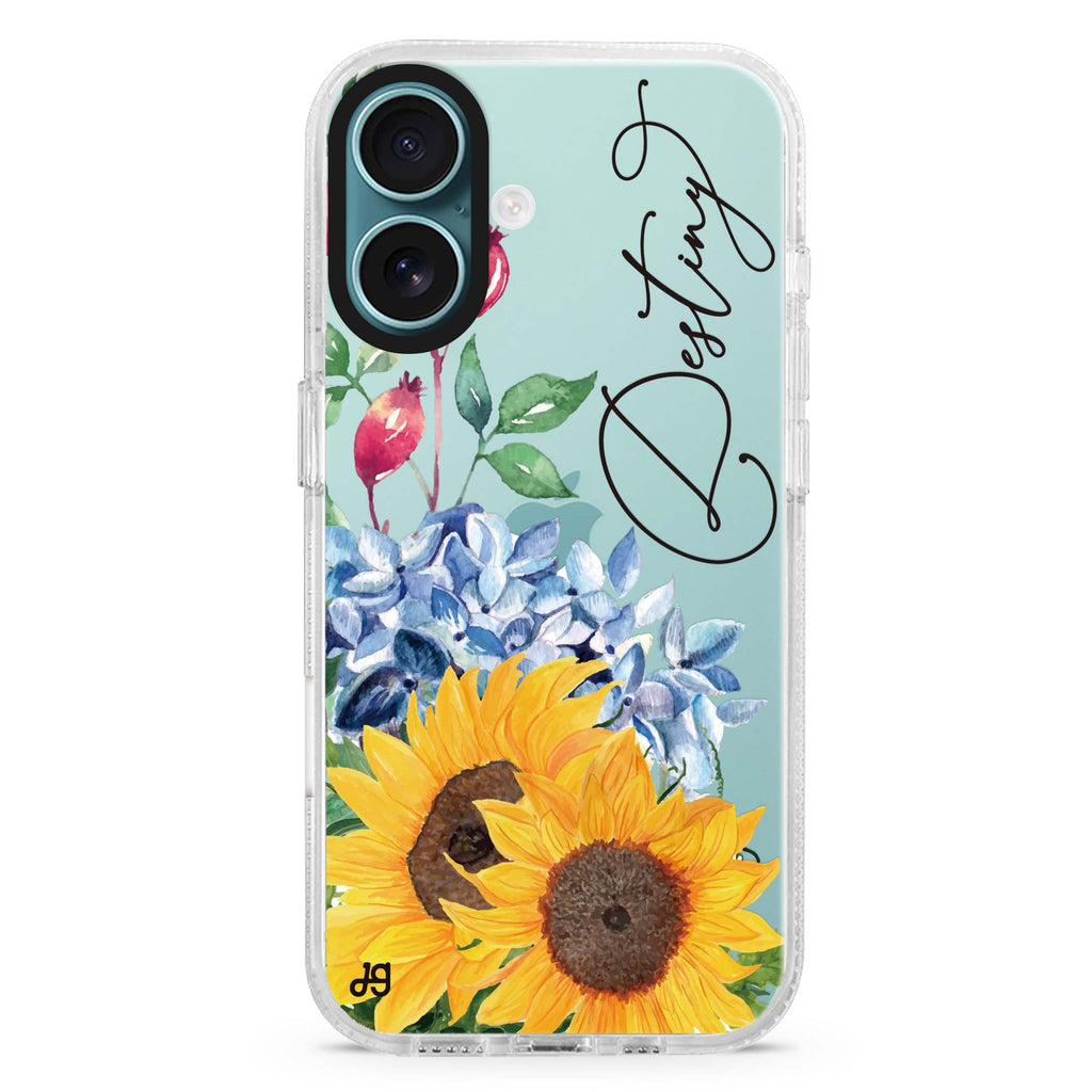 Blooming Sunflower custom name iPhone 16 and 16 Plus ultra clear case, transparent floral artwork, front product view
