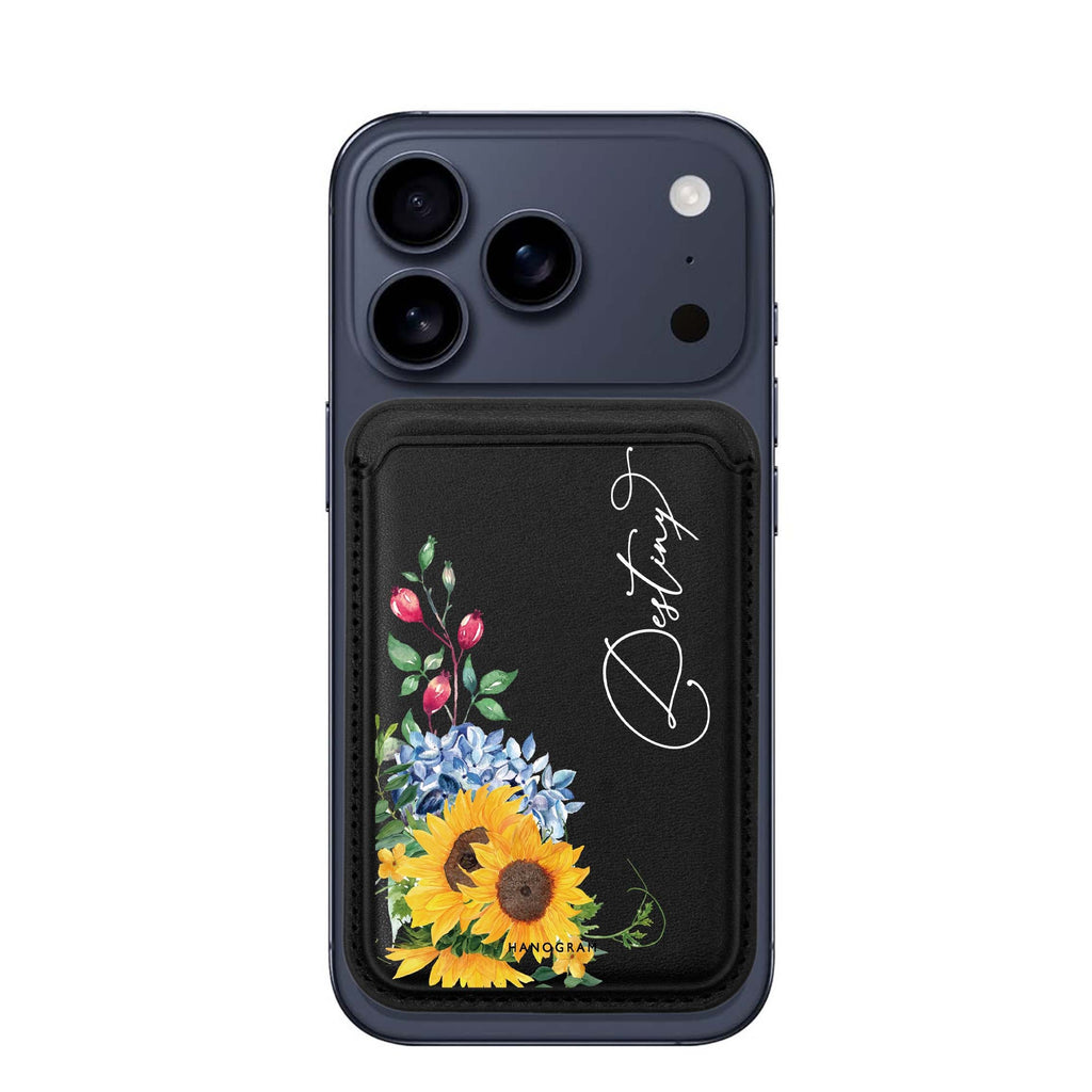 Blooming Sunflower custom name MagSafe wallet for iPhone, personalized magnetic card holder, main view