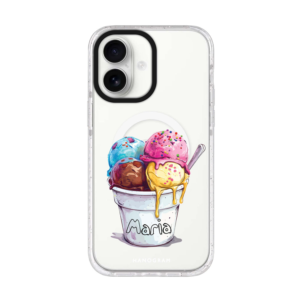 Sweet Scoops personalized name iPhone 17 ultra clear MagSafe case, front product view