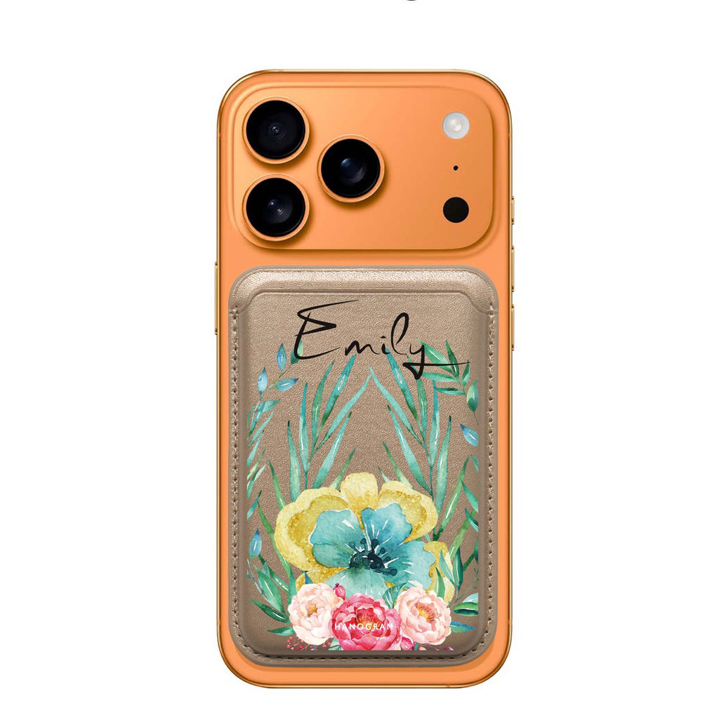The Great Golden Flower custom name MagSafe wallet for iPhone, personalized magnetic card holder, main view