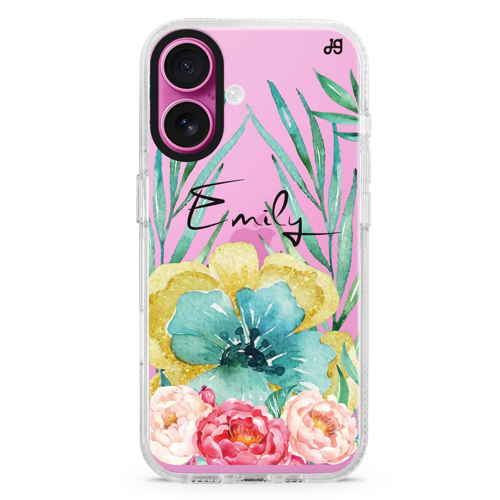 The Great Golden Flower custom name iPhone 16 and 16 Plus ultra clear case, transparent floral artwork, front product view