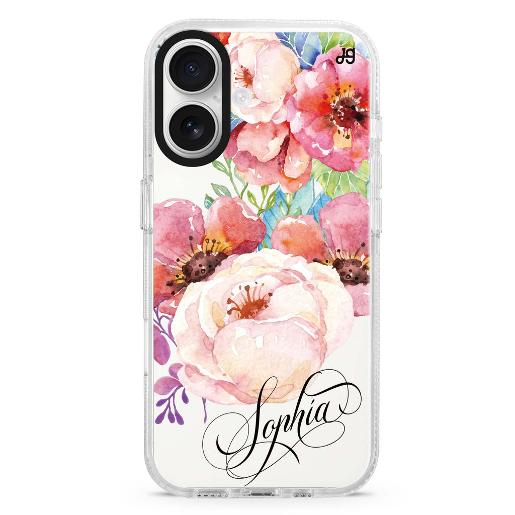Awakening Watercolor Flowers custom name iPhone 16 and 16 Plus ultra clear case, transparent floral artwork, front product view