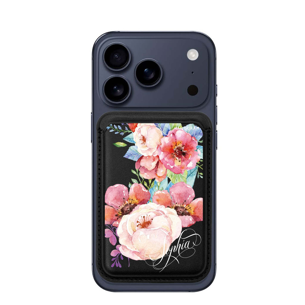 Awakening Watercolor Flowers custom name MagSafe wallet for iPhone, personalized magnetic card holder, main view