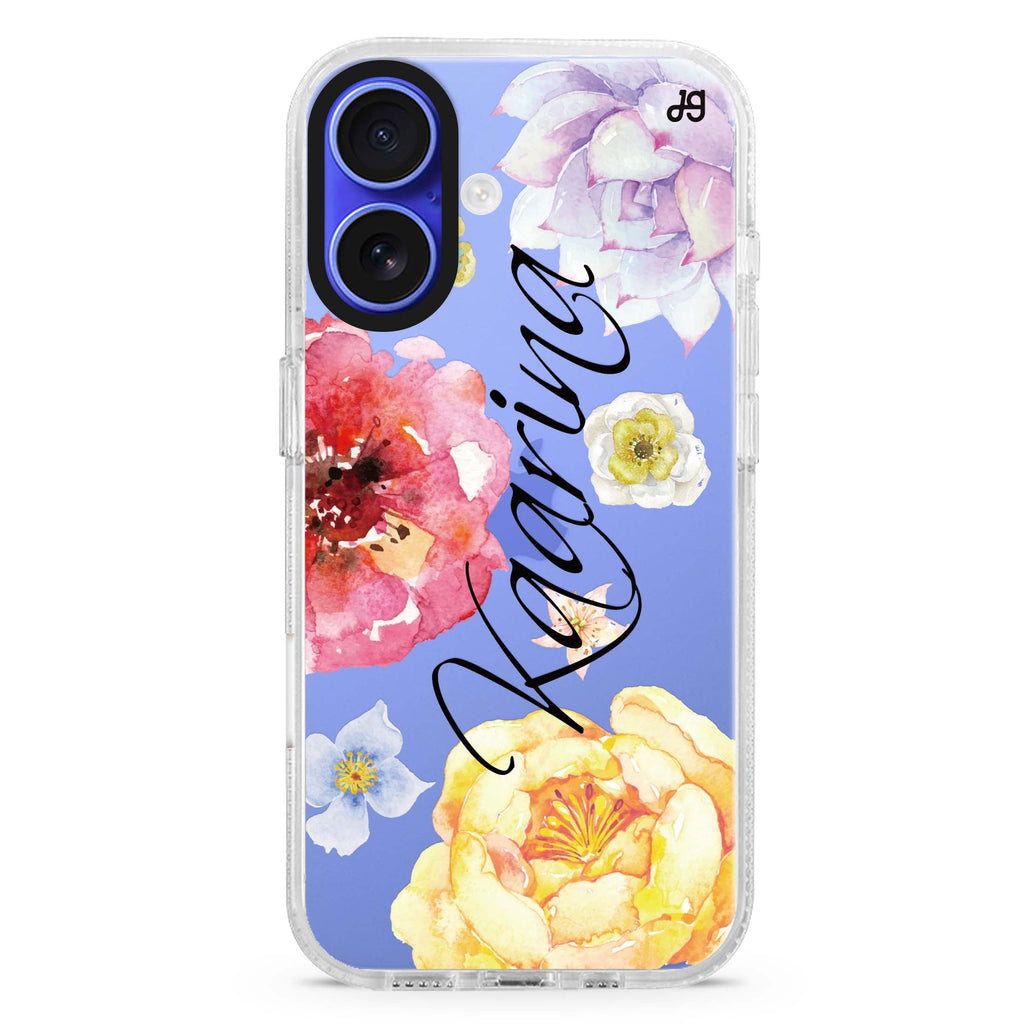 Colorful Watercolor Flowers custom name iPhone 16 and 16 Plus ultra clear case, transparent floral artwork, front product view