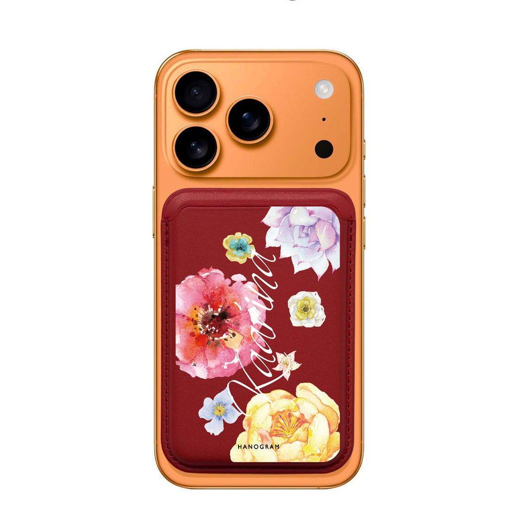 Colorful Watercolor Flowers custom name MagSafe wallet for iPhone, personalized magnetic card holder, main view