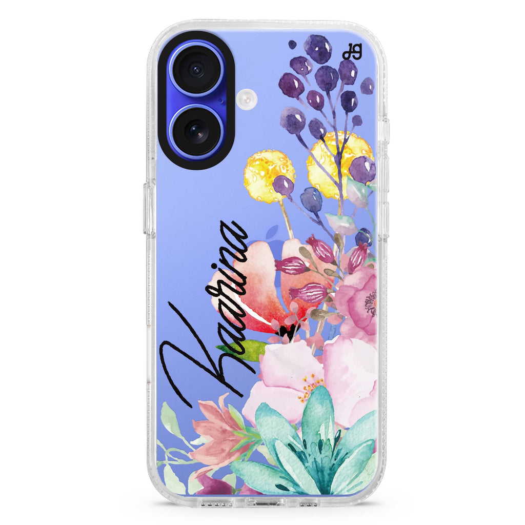 Precious Garden Florals custom name iPhone 16 and 16 Plus ultra clear case, transparent floral artwork, front product view