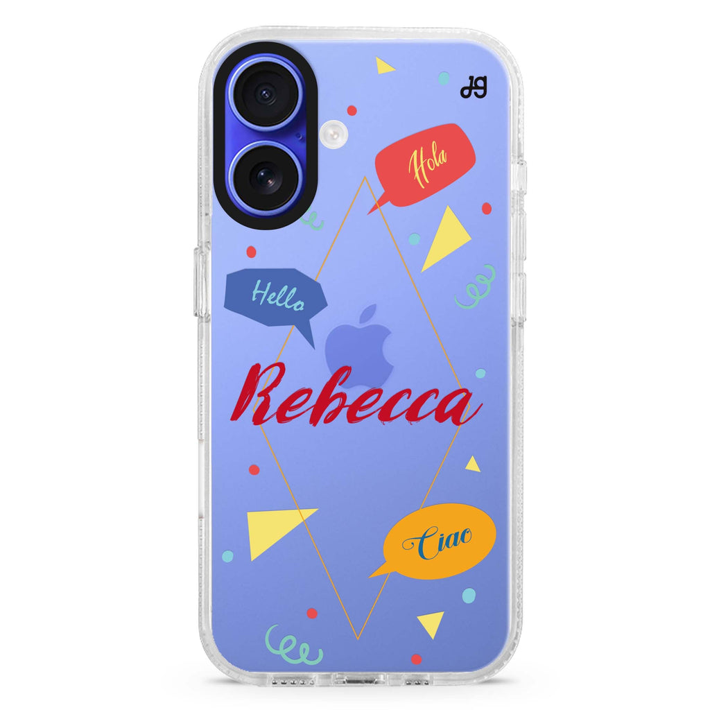 Communicate Fun custom name iPhone 16 and 16 Plus ultra clear case, transparent cat artwork, front product view