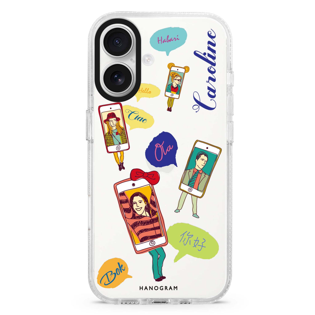 Phone Call custom name iPhone 16 and 16 Plus ultra clear case, transparent graphic artwork, front product view
