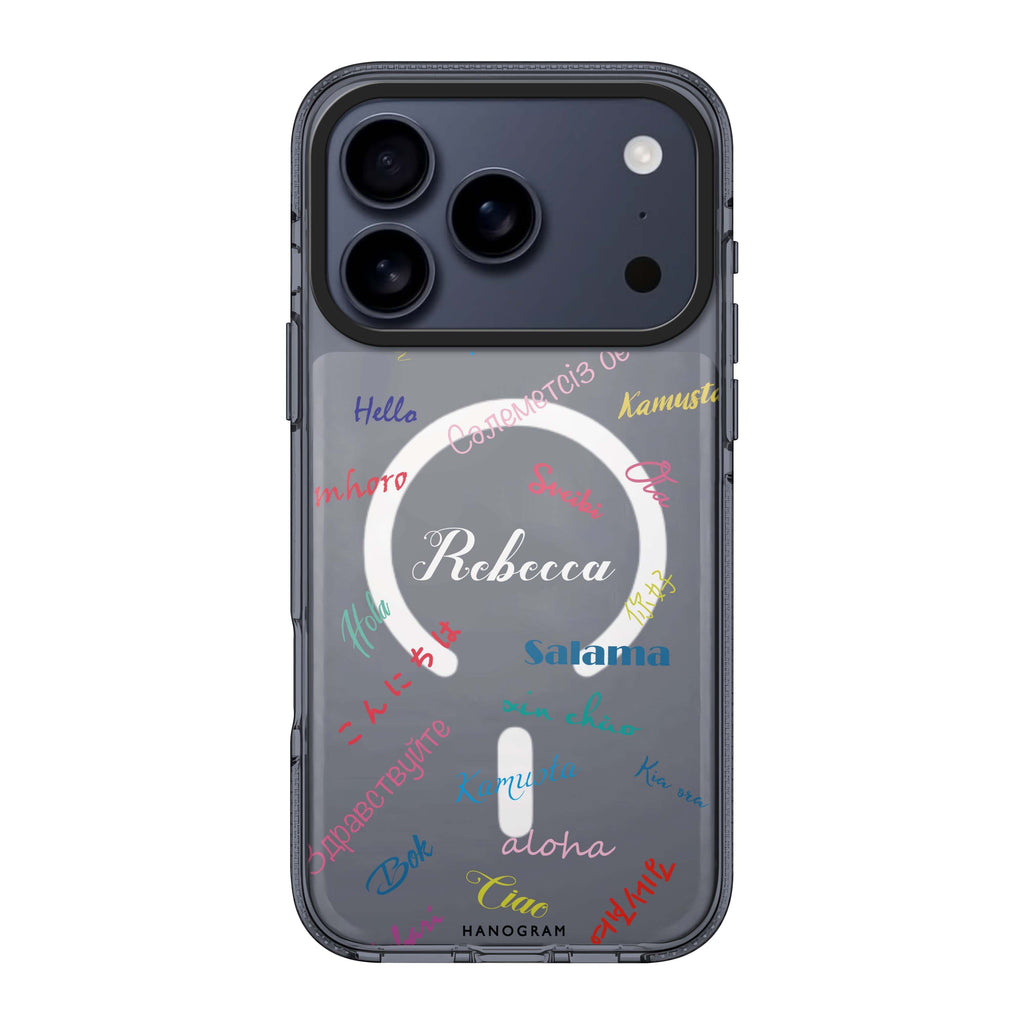 Hello Wrold personalized name typography iPhone 17 Pro Max ultra clear case