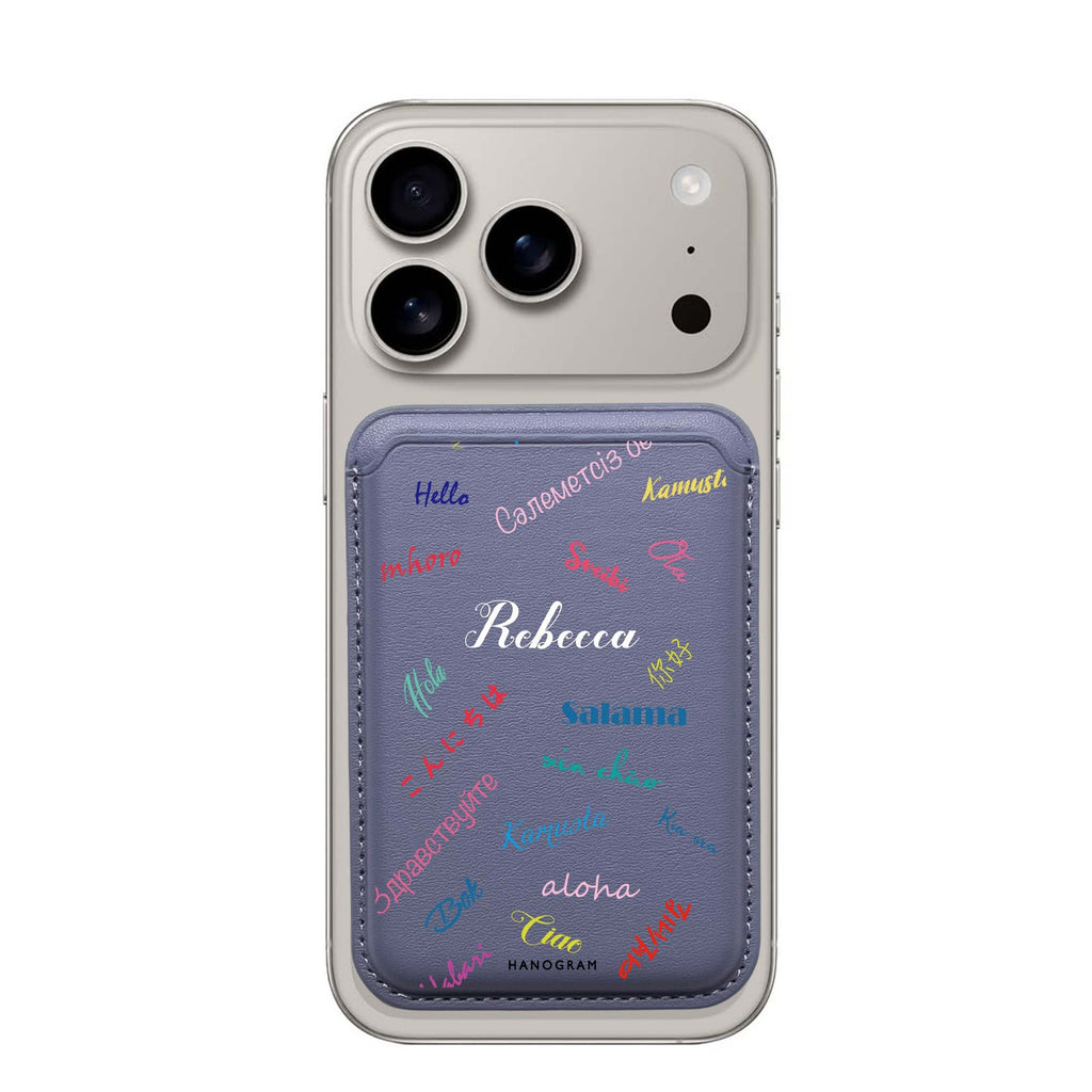 Hello Wrold custom name MagSafe wallet for iPhone, personalized magnetic card holder, main view