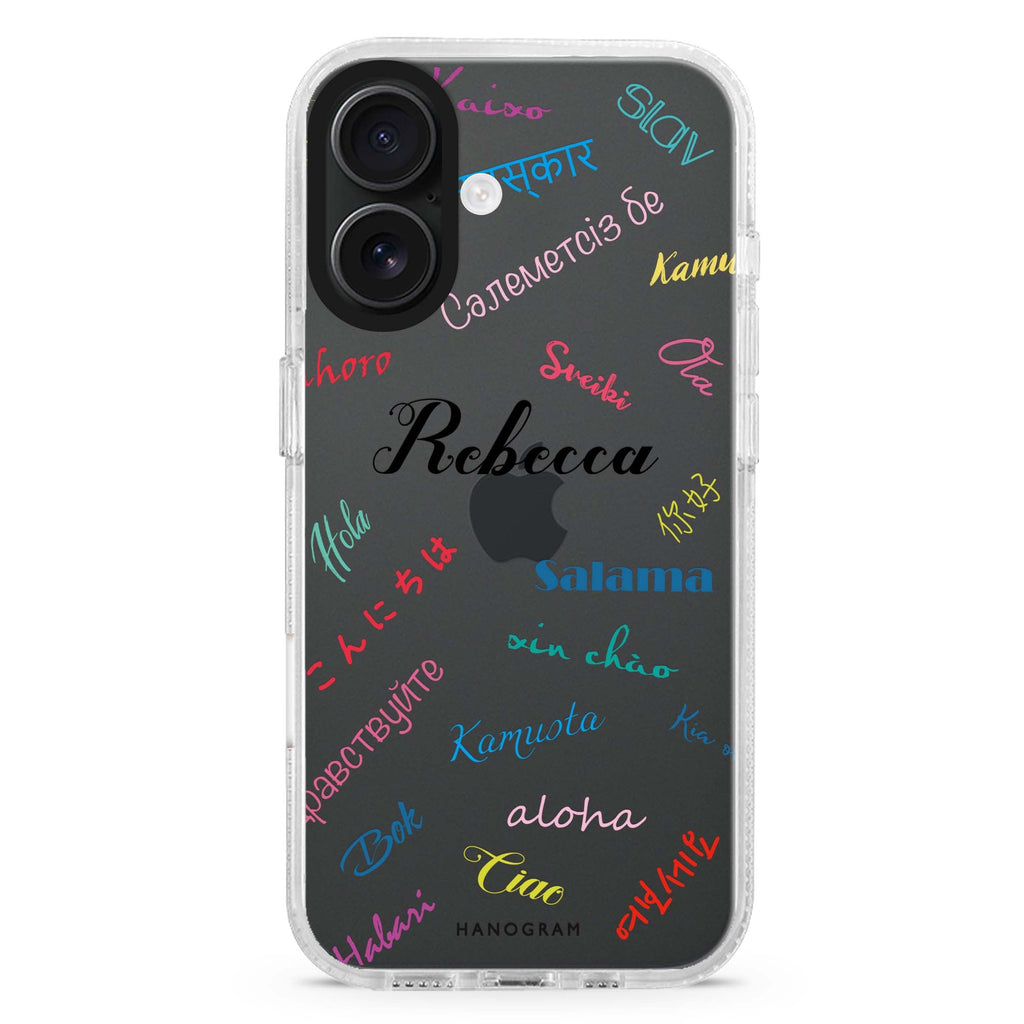 Hello Wrold custom name iPhone 16 and 16 Plus ultra clear case, transparent graphic artwork, front product view