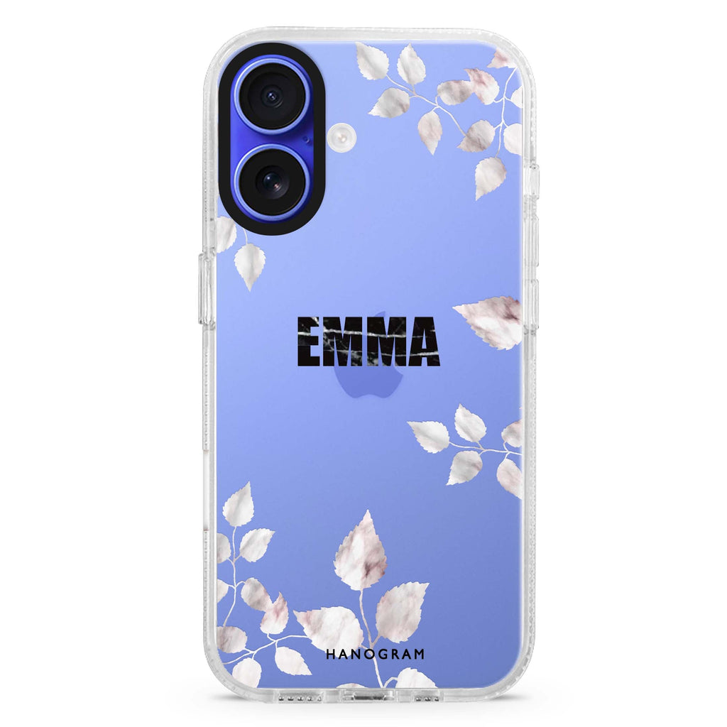 Life Simple Floral custom name iPhone 16 and 16 Plus ultra clear case, transparent floral artwork, front product view