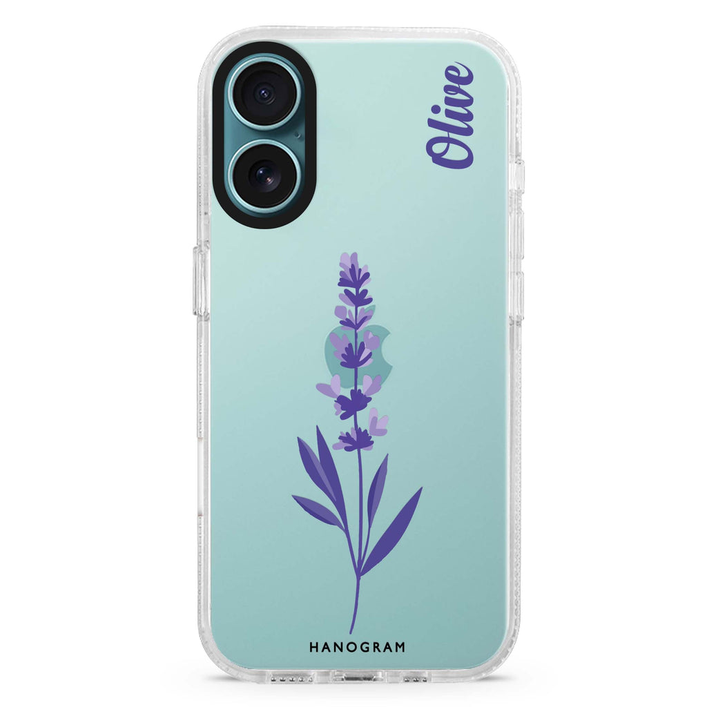 Lavender Form custom name iPhone 16 and 16 Plus ultra clear case, transparent floral artwork, front product view