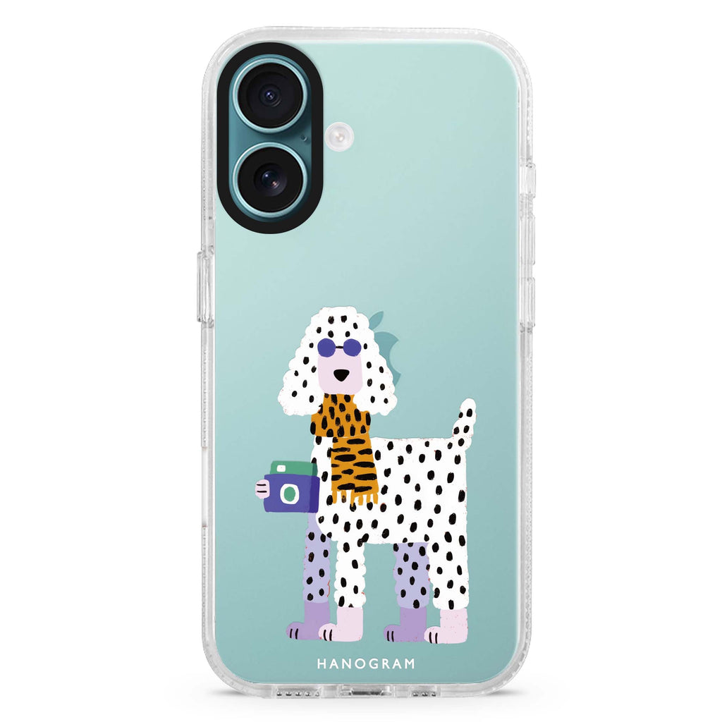 Shutter Pup iPhone 16 and 16 Plus ultra clear case, transparent graphic artwork, front product view