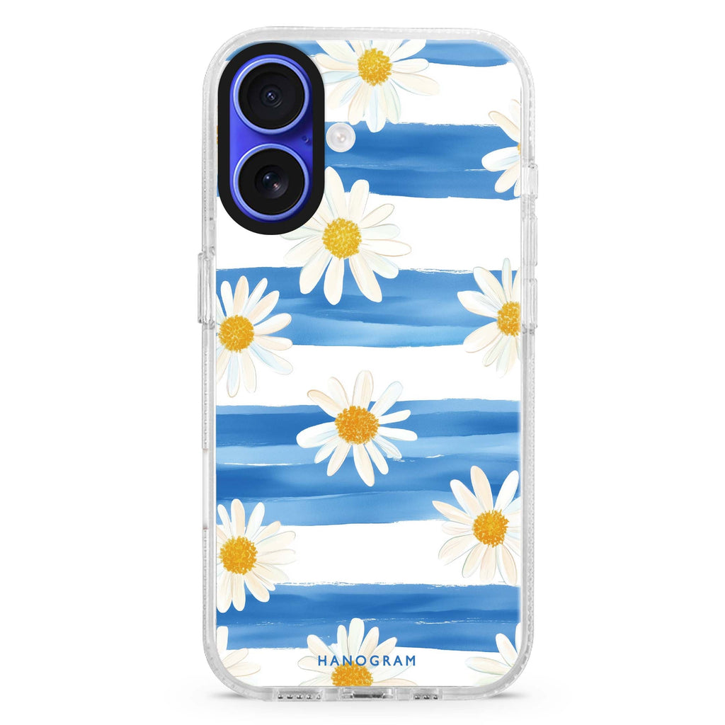 Daisy Lines iPhone 16 and 16 Plus ultra clear case, transparent floral artwork, front product view
