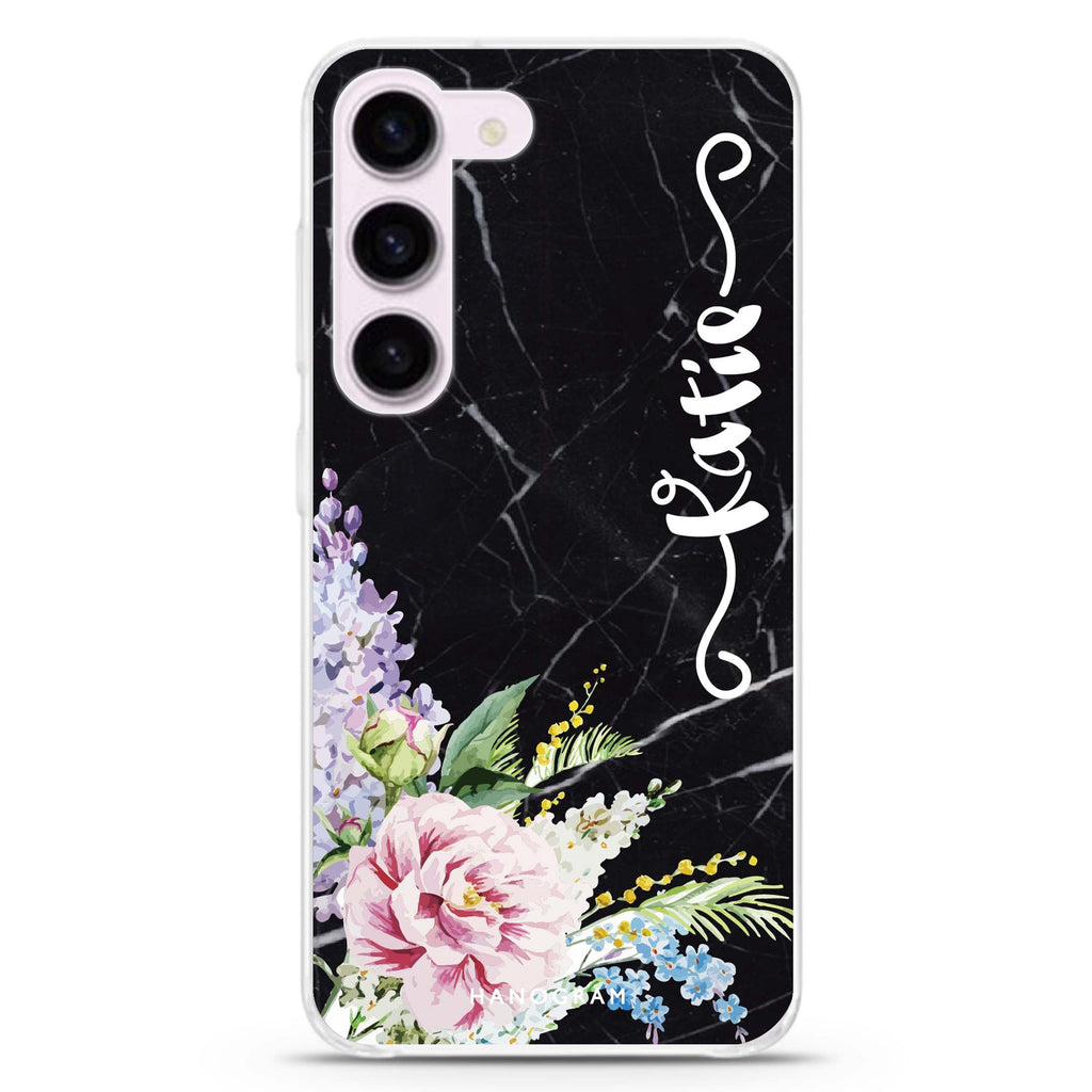 Floral & Black Marble personalized ultra-clear case for Samsung Galaxy S23/S22, front view