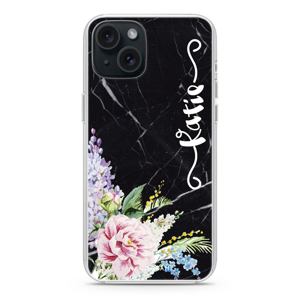 Floral & Black Marble iPhone 15 plus Ultra Clear Case