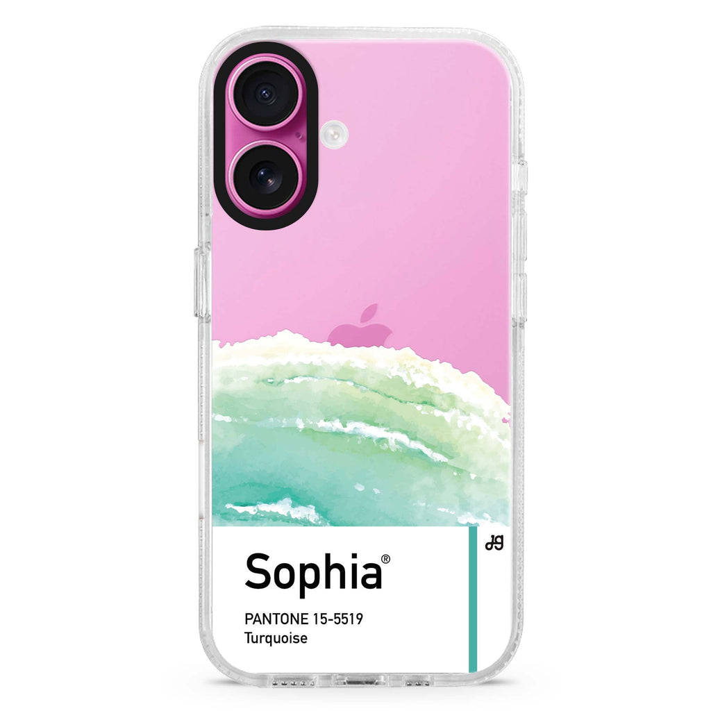 #15-5519 Turquoise I custom name iPhone 16 and 16 Plus ultra clear case, transparent colorful artwork, front product view