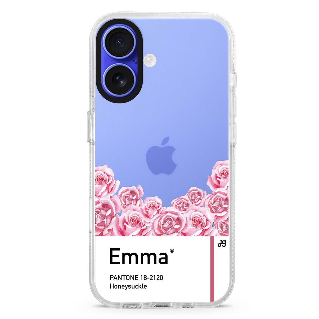 #18-2120 Honeysuckle I custom name iPhone 16 and 16 Plus ultra clear case, transparent floral artwork, front product view