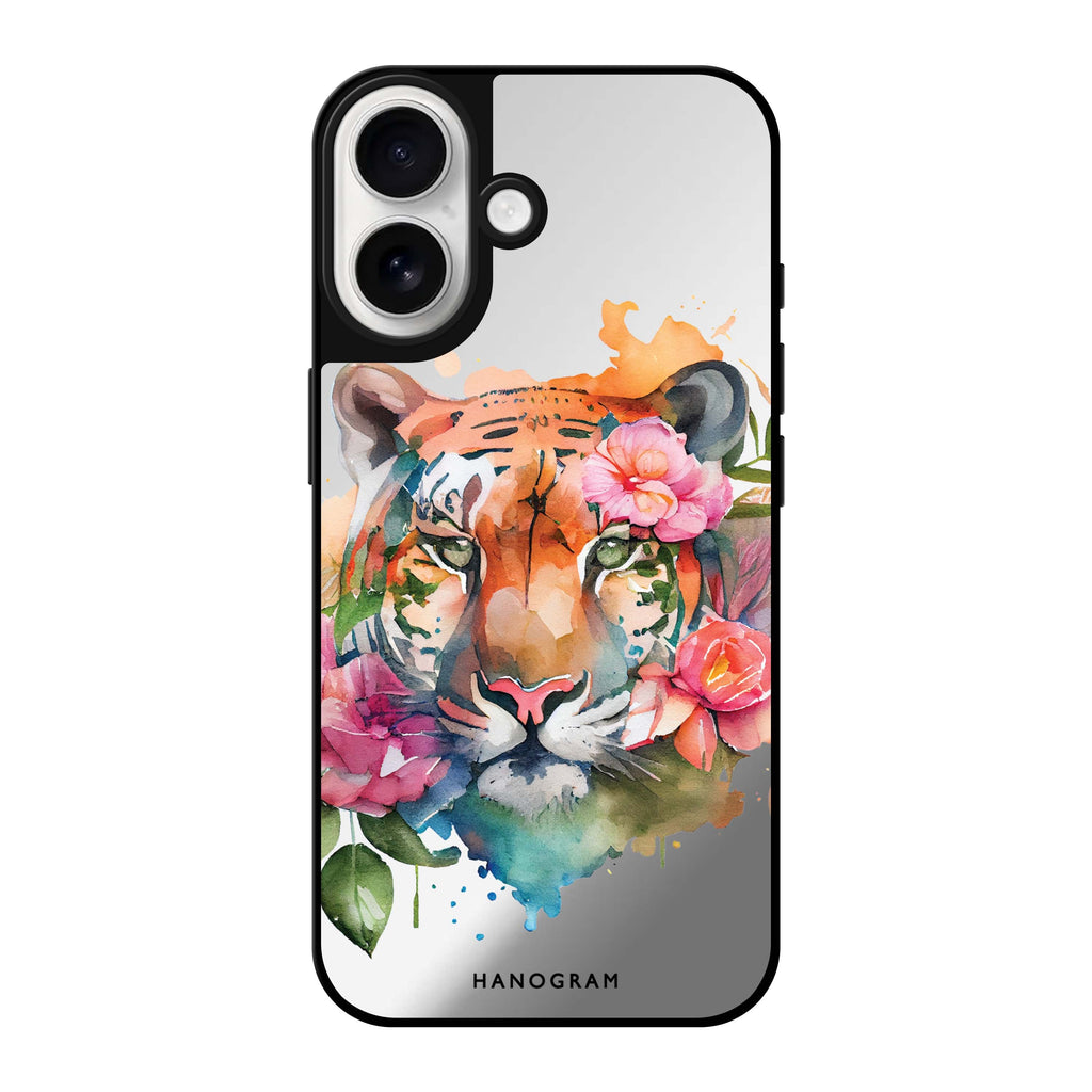 Reflective iPhone 16 Mirror Case –Floral Tiger Design