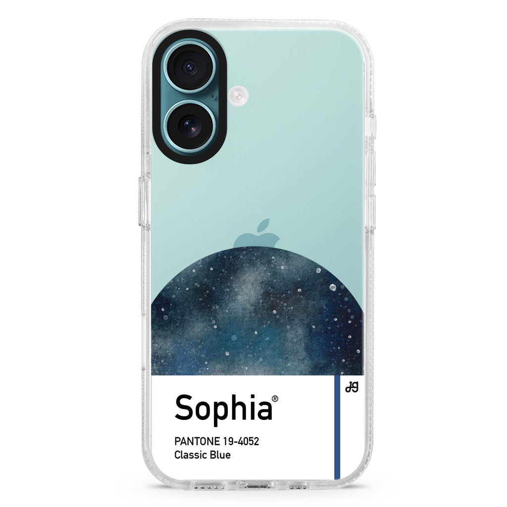 #19-4052 Classic Blue I custom name iPhone 16 and 16 Plus ultra clear case, transparent colorful artwork, front product view