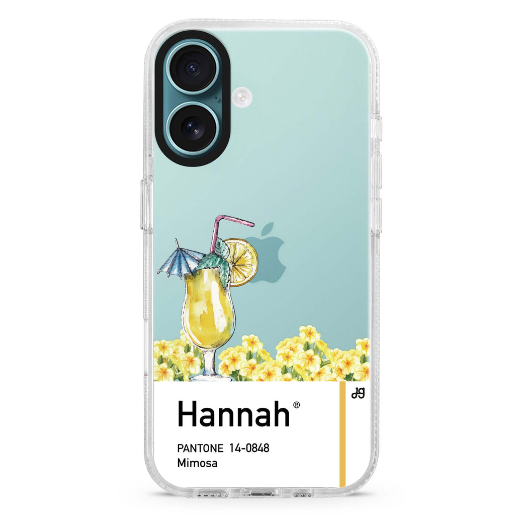 #14-0848 Mimosa I custom name iPhone 16 and 16 Plus ultra clear case, transparent floral artwork, front product view