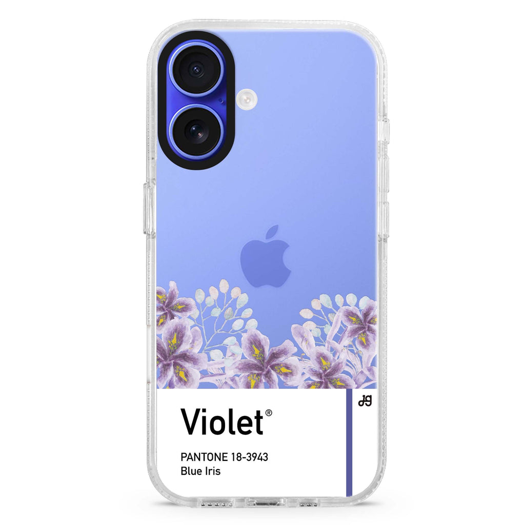 #18-3943 Blue Iris I custom name iPhone 16 and 16 Plus ultra clear case, transparent floral artwork, front product view