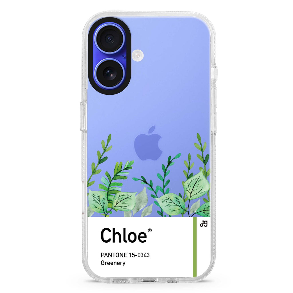 #15-0343 Greenery I custom name iPhone 16 and 16 Plus ultra clear case, transparent colorful artwork, front product view