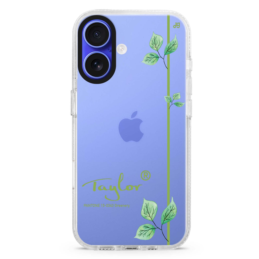 #15-0343 Greenery II custom name iPhone 16 and 16 Plus ultra clear case, transparent colorful artwork, front product view