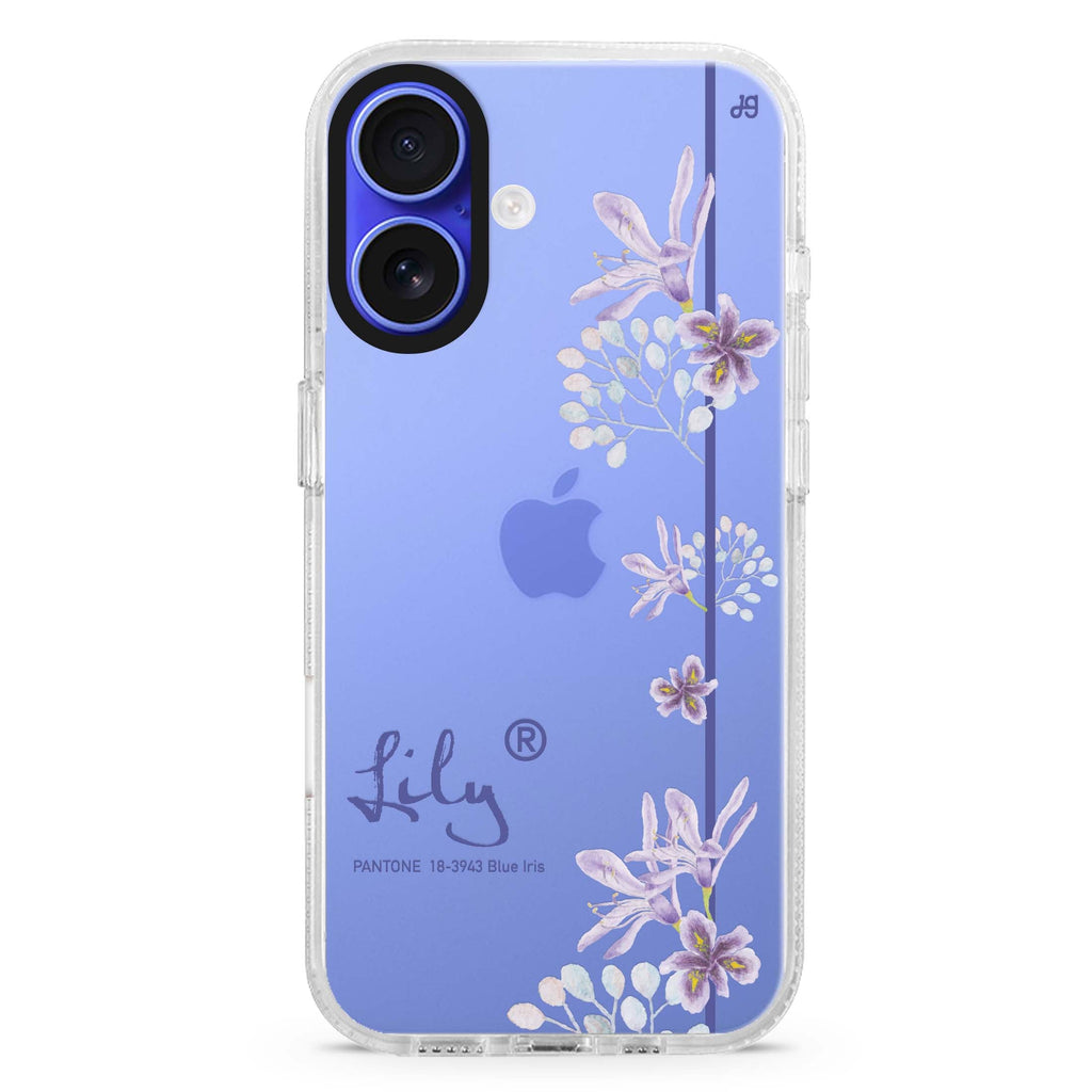 #18-3943 Blue Iris II custom name iPhone 16 and 16 Plus ultra clear case, transparent floral artwork, front product view