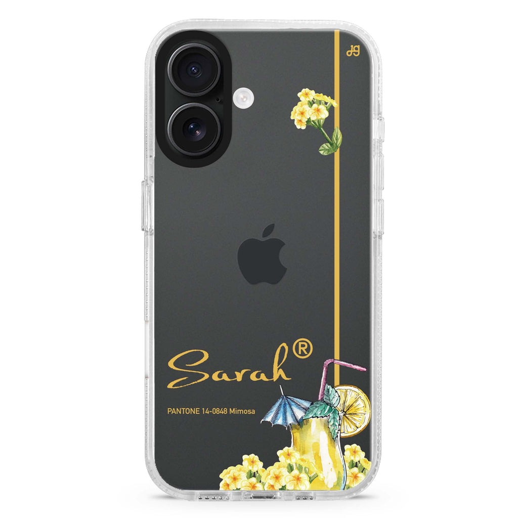 #14-0848 Mimosa II custom name iPhone 16 and 16 Plus ultra clear case, transparent floral artwork, front product view