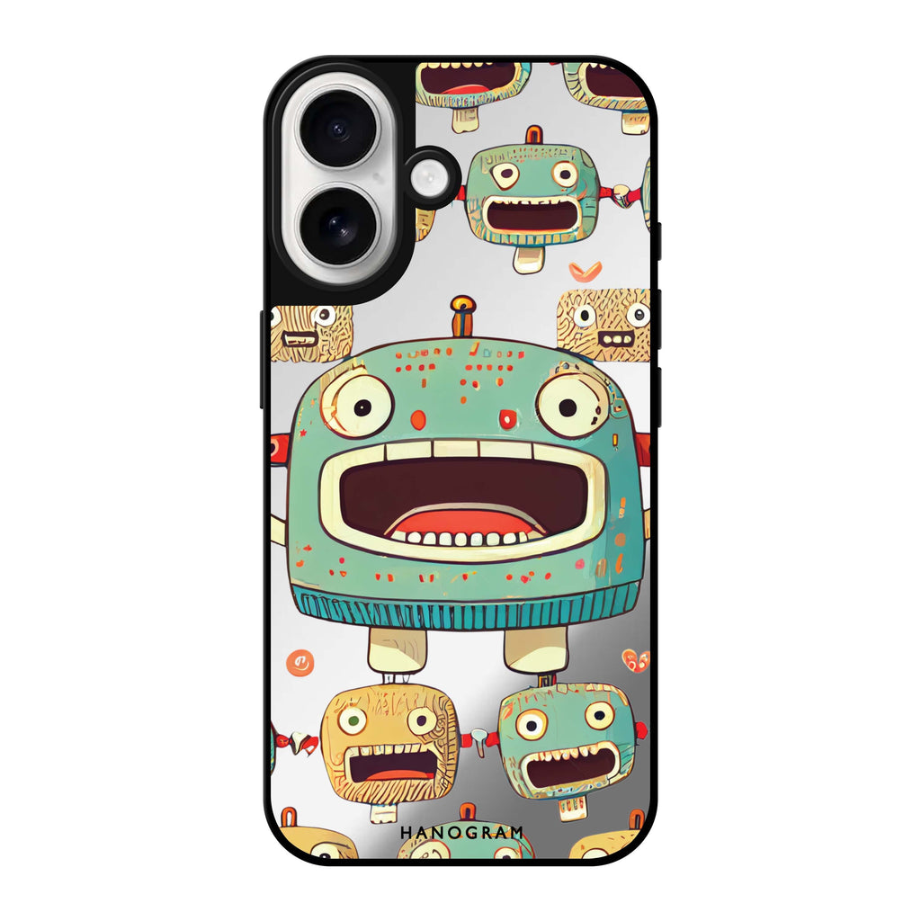 Reflective iPhone 16 Mirror Case –Cute robots Design