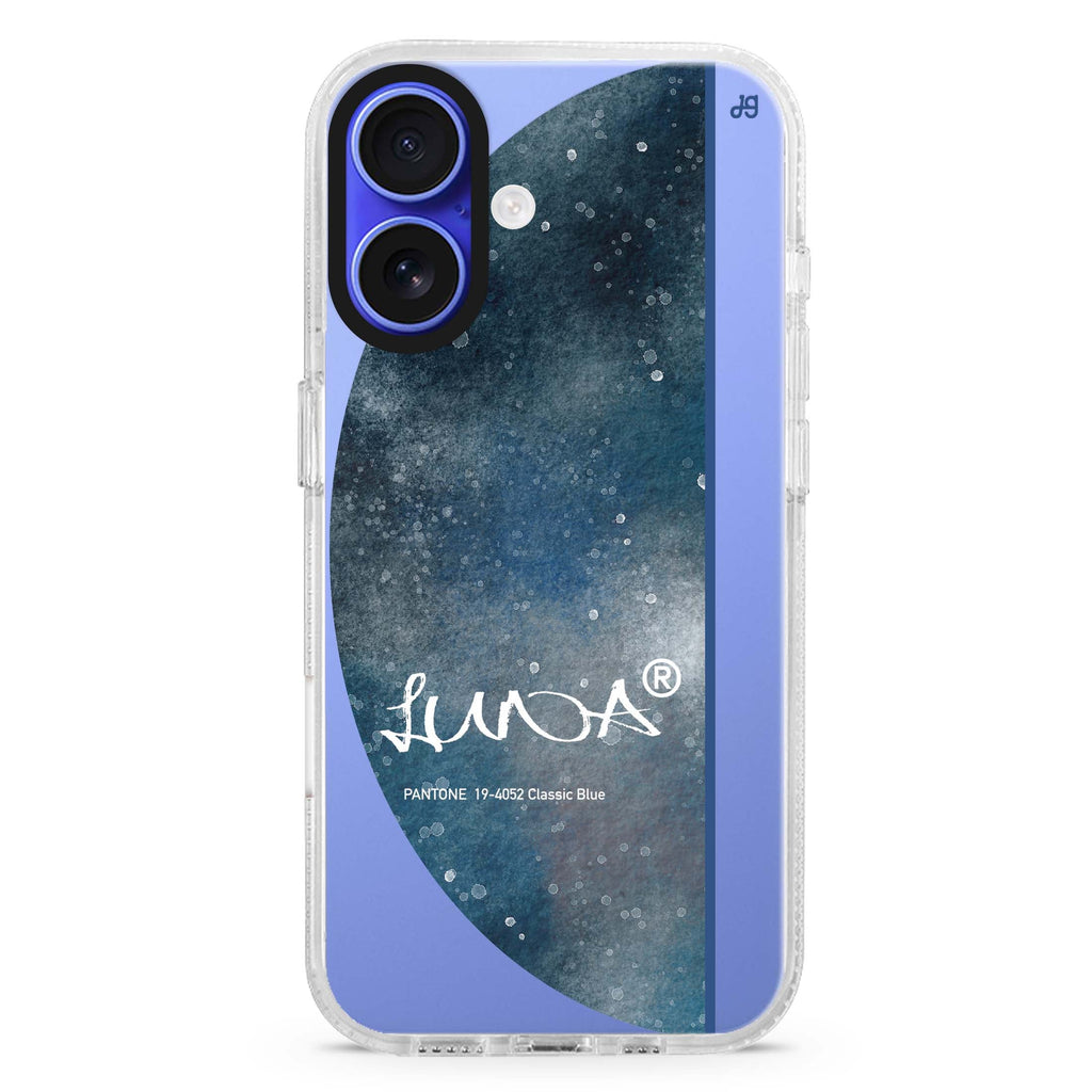 #19-4052 Classic Blue II custom name iPhone 16 and 16 Plus ultra clear case, transparent colorful artwork, front product view