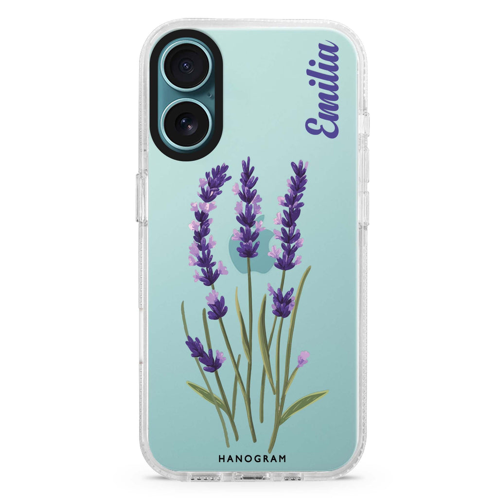 Lavender Palette custom name iPhone 16 and 16 Plus ultra clear case, transparent floral artwork, front product view