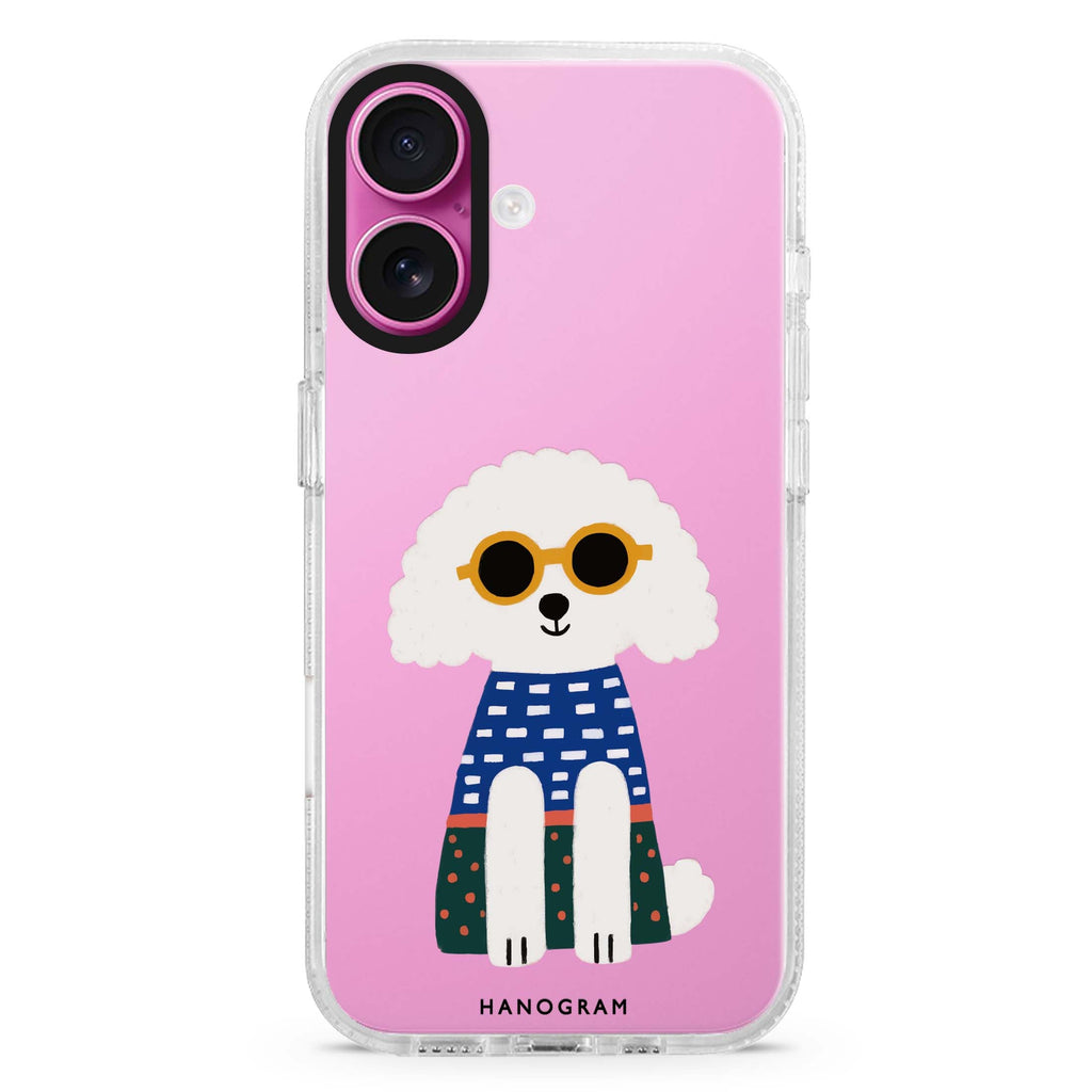 Poodle Peace Vibes iPhone 16 and 16 Plus ultra clear case, transparent dog artwork, front product view