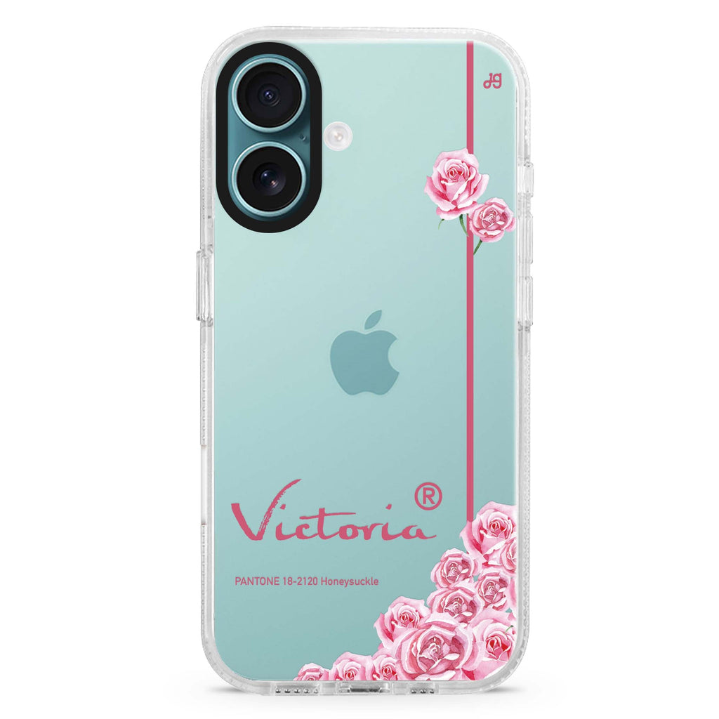 #18-2120 Honeysuckle II custom name iPhone 16 and 16 Plus ultra clear case, transparent floral artwork, front product view