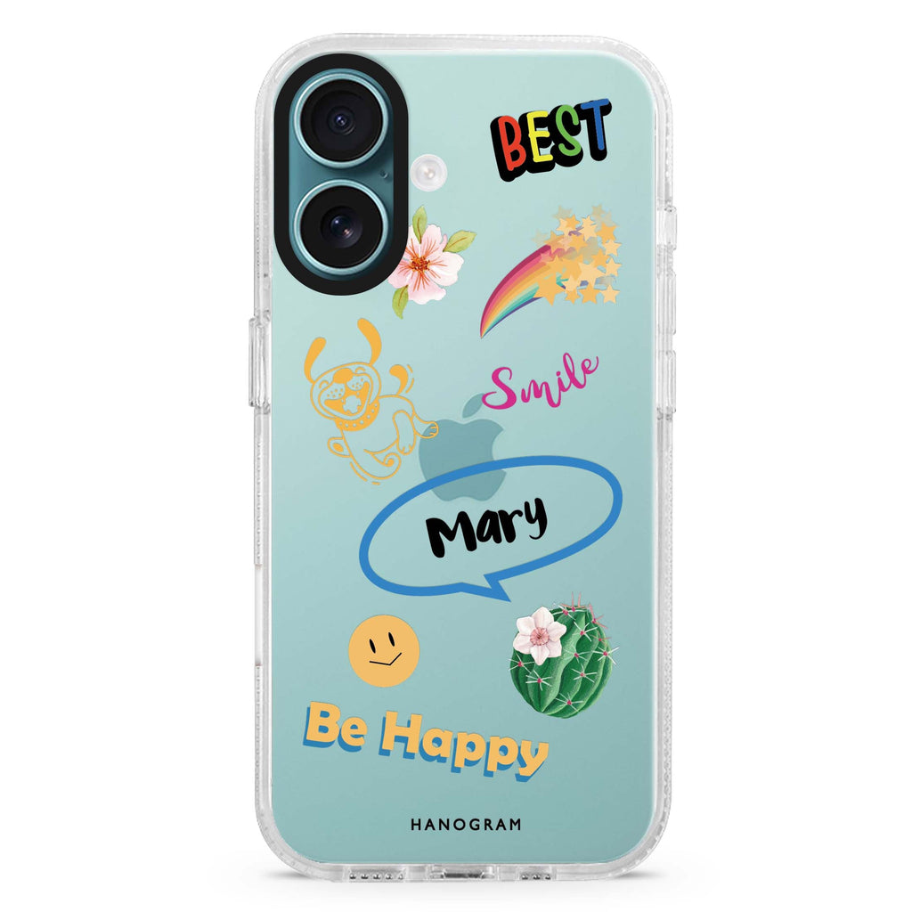 Positive Sticker custom name iPhone 16 and 16 Plus ultra clear case, transparent graphic artwork, front product view