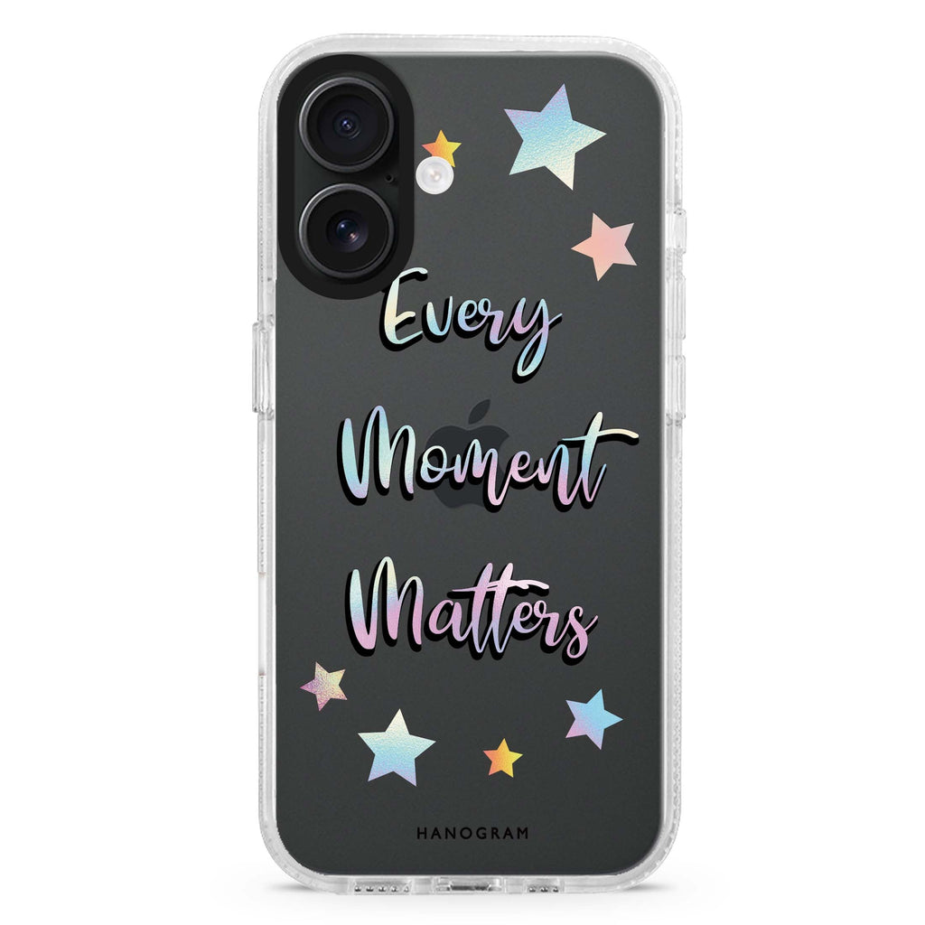 Every moment matters iPhone 16 and 16 Plus ultra clear case, transparent graphic artwork, front product view