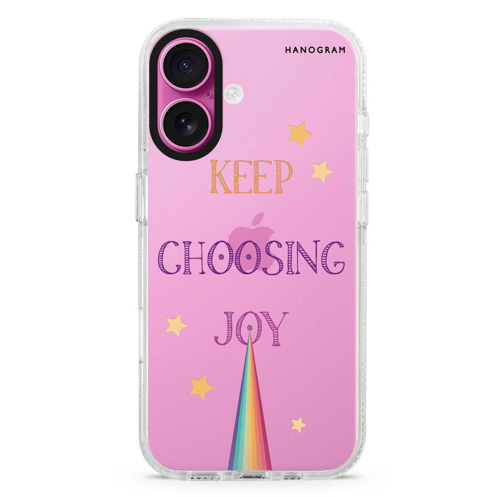 Keep choosing joy iPhone 16 and 16 Plus ultra clear case, transparent graphic artwork, front product view