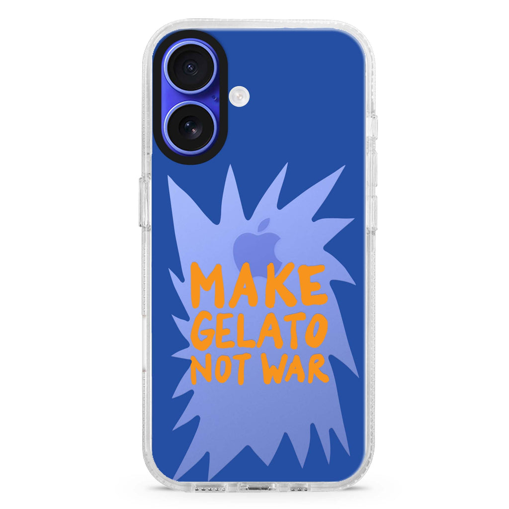 Make Gelato Not War iPhone 16 and 16 Plus ultra clear case, transparent graphic artwork, front product view