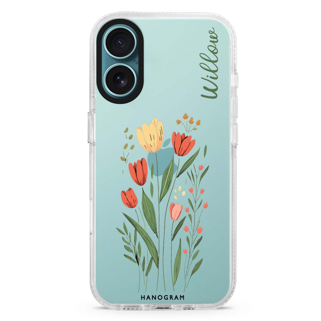 Tulip Cutouts custom name iPhone 16 and 16 Plus ultra clear case, transparent floral artwork, front product view