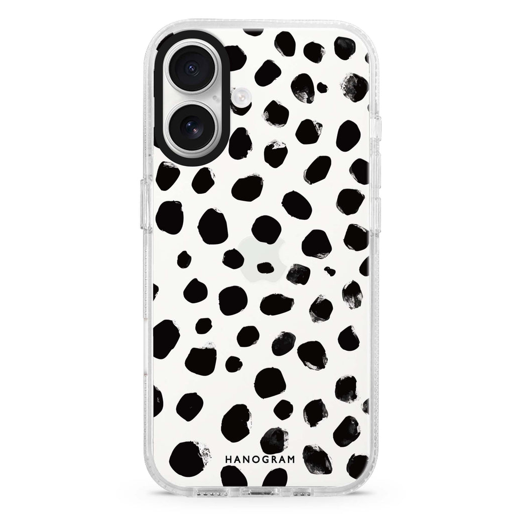 Classic Dalmatian Spots iPhone 16 and 16 Plus ultra clear case, transparent graphic artwork, front product view